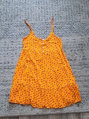 Sleeveless Orange Floral Tiered Midi Dress with Spaghetti Straps